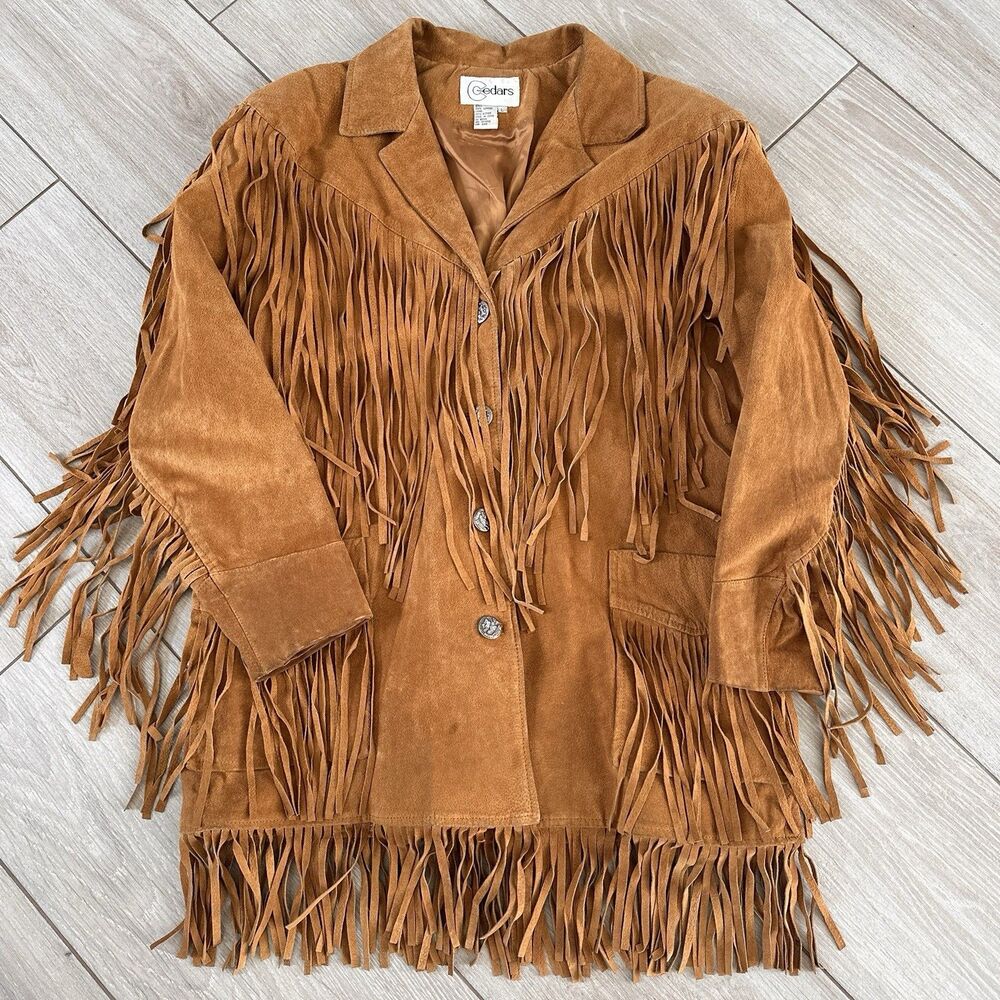 Cedars Women's Vintage Suede Leather Jacket Brown Western Fringe Sz L